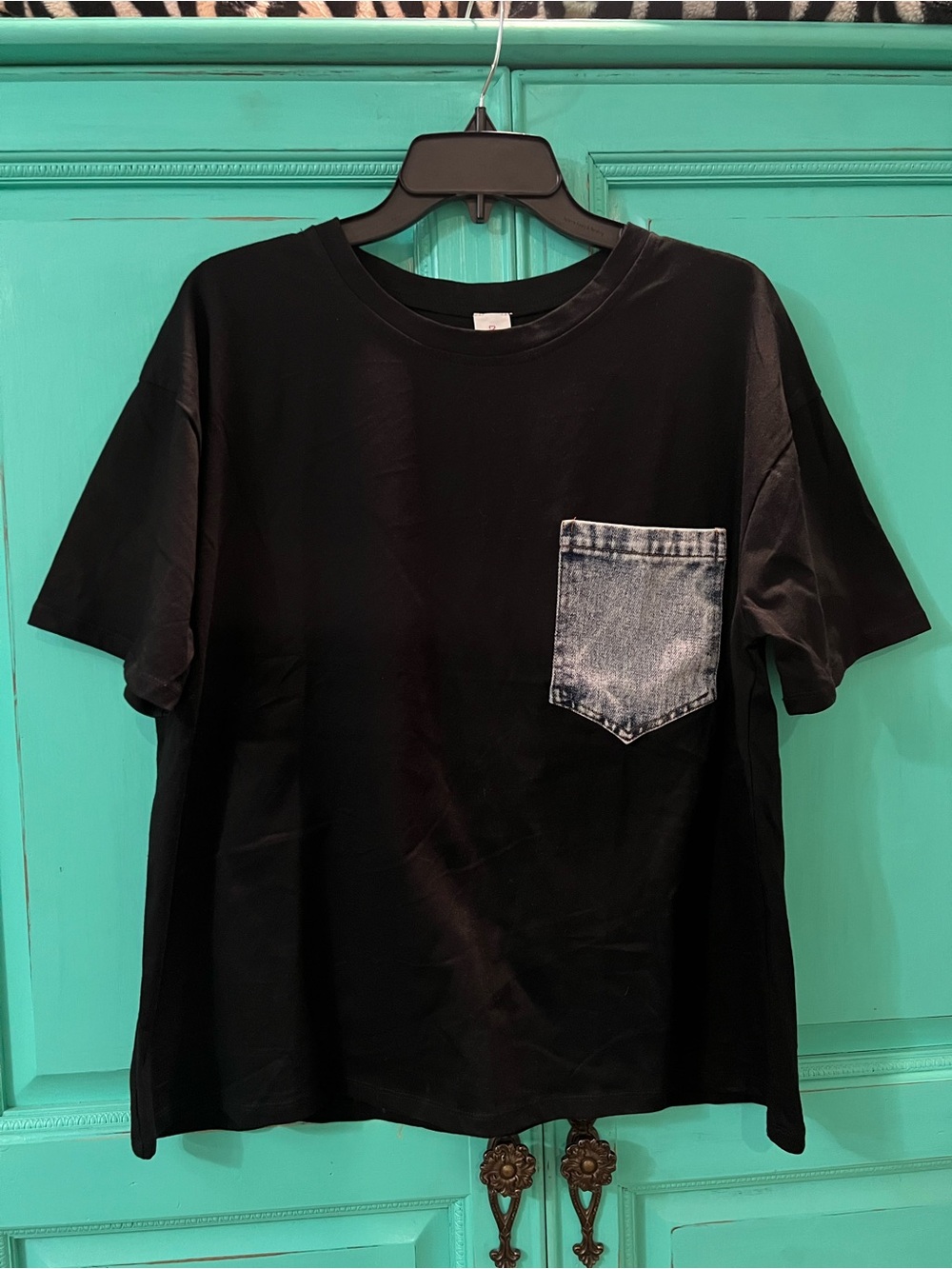 Women’s Black Tee with Contrast Denim Pocket